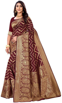 Dhanesh Creation Self Design Banarasi Silk Blend Saree(Gold, Maroon)