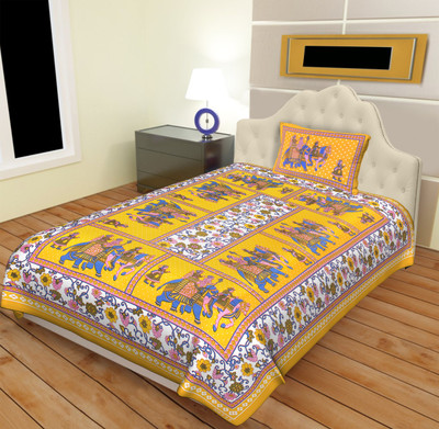 RAJDEVI JAIPUR PRINTS 144 TC Cotton Single Jaipuri Prints Flat Bedsheet(Pack of 1, Yellow)