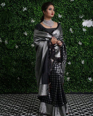 Amrut Collection Woven Banarasi Silk Blend Saree(Black)
