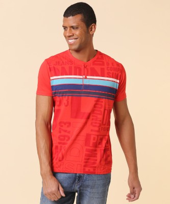 Pepe Jeans Striped, Typography Men Henley Neck Red T-Shirt