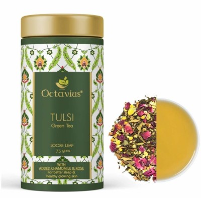 Octavius Tulsi Rose Chamomile Green Tea Loose Leaf-75 Gms Immunity Boost, Soothing Sleep, Skin Glow|Natural Blend|Floral Taste Tulsi, Rose, Chamomile Green Tea Tin(75 g)