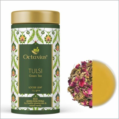 Octavius Tulsi Sweet Rose Green Tea Loose Leaf- 75Gms For Immunity Boost, Healthy glowing Skin|All Natural Blend|Floral Taste Tulsi, Rose Green Tea Tin(75 g)