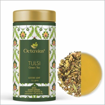 Octavius Tulsi Ginger Green Tea Loose Leaf- 75 Gms Immunity Boost, Digestive Tea|All Natural Blend|Refreshing & Delicate Taste Ginger Green Tea Tin(75 g)
