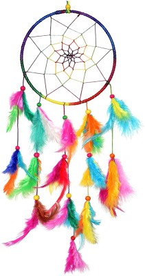 Poloo Dream Catchers, Pack of 1 Wall Hangings, Home Decor, Handmade Dreamcatcher for Bedroom, Balcony, Garden, Party, Cafe, Small Ring Beaded Yellow & Blue Feathers, 18cm Diameter, Length 53cm Nylon Dream Catcher(7 inch, Multicolor)