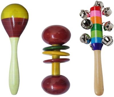 WudCraft Wooden Baby Rattle Non Toxic Infants Music Toys - Combo bundle of 3 pcs - Colorful Desi kids toys Rattle(Multicolor)