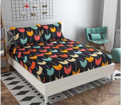 MORADO 160 TC Polycotton Double Printed Fitted (Elastic) Bedsheet(Pack of 1, Black)
