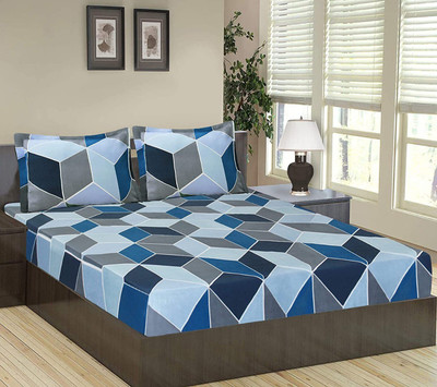 MORADO 160 TC Polycotton Double Geometric Fitted (Elastic) Bedsheet(Pack of 1, Blue)