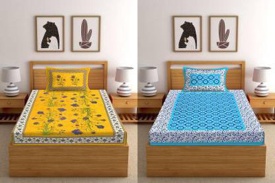 Ubania Collection 140 TC Cotton Single Jaipuri Prints Flat Bedsheet(Pack of 2, Yellow & Sky Blue)