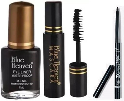 BLUE HEAVEN Waterproof Fashion Eyeliner and Mascara and 2X intense Kajal, Black shock(3 Items in the set)