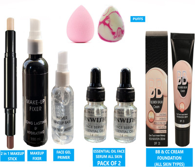 INWISH primer foundation concealer combo makeup fixer with face serum and puff PACK OF 8 SKIN FRIENDLY COMBO FOR ALL SKIN TYPES(8 Items in the set)