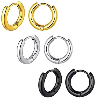 Crazy Fashion Combo of 3 Pair Big Slim Hoop Bali (Gold,Black,Silver) Metal Hoop Earring, Huggie Earring