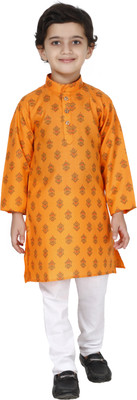 Fourfolds Boys Casual Kurta and Pyjama Set(Orange Pack of 1)