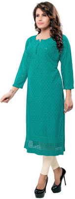 Dream Desi Women Embellished, Chikan Embroidery Straight Kurta(Light Blue)