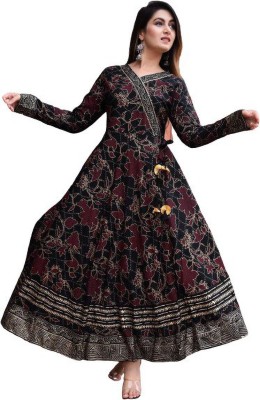 Bounty Sales Women Printed, Embroidered, Floral Print Anarkali Kurta(Black)