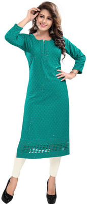 Dream & Dzire Women Chikan Embroidery Straight Kurta(Dark Blue)