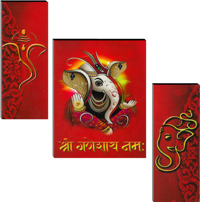 Indianara Set of 3 Lord Ganesha MDF Art Painting (3006FL) without glass (4.5 X 12, 9 X 12, 4.5 X 12 INCH) Digital Reprint 12 inch x 18 inch Painting(With Frame, Pack of 3)