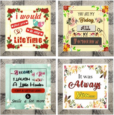 Indianara Set of 4 Love Quotes Framed Wall Hanging Laminated Paintings Matt Art Prints 9.5 inch x 9.5 inch each without Glass (4003MW) Digital Reprint 19 inch x 19 inch Painting(With Frame, Pack of 4)