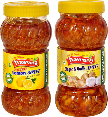 NAVRANG Organic Homemade Lemon Achar + Ginger - Garlic Achar I Traditional Achar | Trust of Quality Lemon, Ginger, Garlic Pickle(2 x 1 kg)