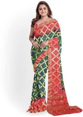 PRIYASAREEJPR Printed Bandhani Georgette Saree(Dark Green, Red)