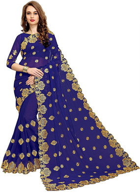 Online Bazaar Embroidered Bollywood Georgette Saree(Dark Blue)