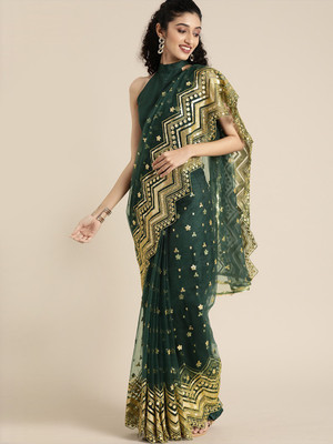 Fashion Club Collection Embroidered Bollywood Net Saree(Green)