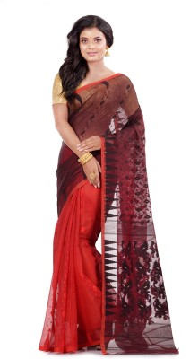 WoodenTant Woven Jamdani Cotton Silk Saree(Red, Black)