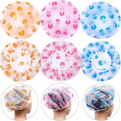 Zohica Multicolour Waterproof Elastic Printed Plastic Reusable Shower Caps for Women's and Men's set of 6