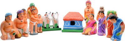 Puja N Pujari Golu Dolls Village Farmer Kolu Bommai Set for Navaratri Decorative Showpiece  -  20 cm(Clay, Multicolor)
