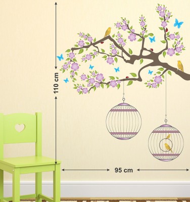 WALLDECORS 81.28 cm TWO BIRD CAGES HANGING IN BEAUTIFUL TREE WITH PURPLE LEAVES STICKER Self Adhesive Sticker(Pack of 1)