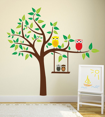 LANSTICK 91.44 cm TREE WITH COLORFUL LEAVES WITH BIRDS STICKER Self Adhesive Sticker(Pack of 1)