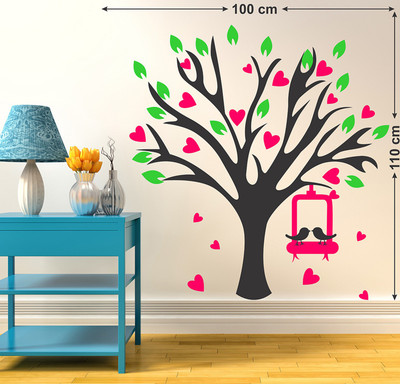 WALLDECORS 81.28 cm TREE WITH COLORFUL LEAVES WITH BIRDS STICKER Self Adhesive Sticker(Pack of 1)