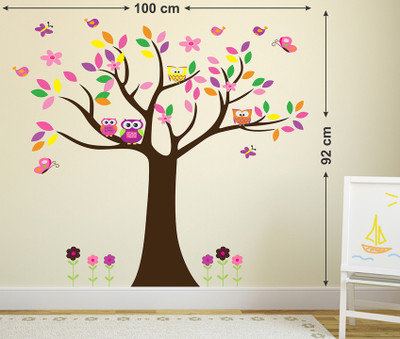 WALLDECORS 81.28 cm TREE WITH COLORFUL LEAVES AND BUTTERFLIES , OWL IMAGES STICKER Self Adhesive Sticker(Pack of 1)