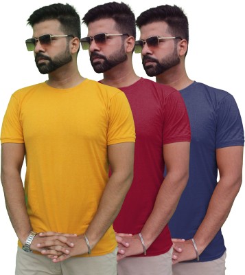 Mr Lier Solid Men Round Neck Blue, Maroon, Yellow T-Shirt