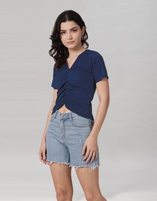 Selvia Party Solid Women Blue Top