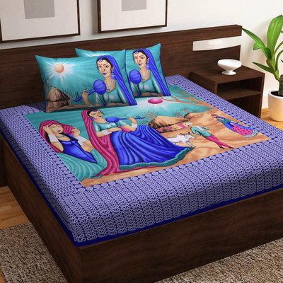 shree sd creation Cotton Queen Flat 144 TC Jaipuri Prints Bedsheet(Pack of 1, Blue)