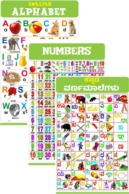 Kannada Varnamale, English Alphabets & Numbers wall Chart for Kids 47x65 cm (19x26 Inch) Mega Size (3 Charts ) - Laminated Early Learning Education Wall Picture Chart(Paperback, SA)