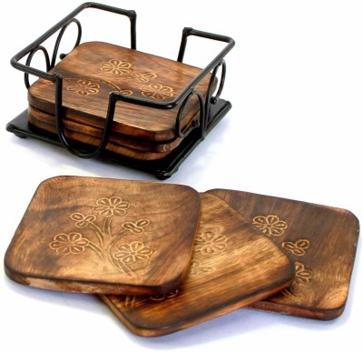 jk super handicrafts Square Reversible Wood Coaster Set(Pack of 6)