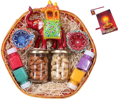 MANTOUSS Diwali Gift hampers with Dry Fruits/Dry Fruits Combo Pack/Dry fruits gift pack-Decorated Basket+2 Jars of Dry Fruits(Almond and Cashew)+handmade diary+Ambawadi elephant+4 Rangoli Colours+Diwali Card Assorted Gift Box(Multicolor)