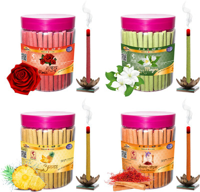 Shankh Rose, Mogra, Kesar Chandan & Pineapple Dhoop Stick (Incense Stick) Pack of 600 gram (150 + 150 + 150 + 150) Fragrances Rose, Mogra, Kesar Chandan, Pineapple(150 g, Set of 4)