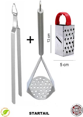 startail Kitchen combo set of Potato Vegetables Pav Bhaji Masher and Roti Chimta Chapati Chimta and 1 Small Grater Ginger Garlic Grater Cheese Grater Utility Grater Adrak Kaddukad Kitchen combo set of 3 Kitchen Tool Set(Silver, Masher, Tong, Chopper, Roaster)