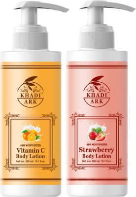 Khadi Ark Vitamin C Body Lotion & Strawberry Body Lotion For Skin Whitening, Fairness and Smooth Softer Skin (Locking 48 Hrs Moisturization)(Pack of 2, 300 ML Each)(600 ml)