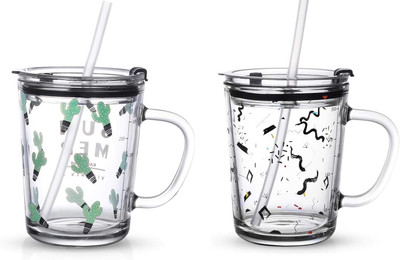 Vetroshine Random Design Cute Cartoon Creative Heat Resistant 14OZ 400 Ml Children's Breakfast Milk with Handle and Clear Lid of Scale and Straw Design Glass (Pack Of - 2) Glass Tumbler(400 ml, Pack of 2)