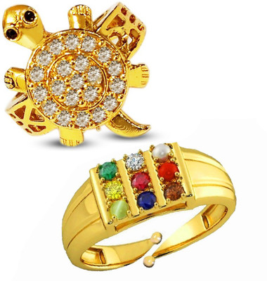 GemsPower Navratan Ring and Meru Ring Set Gold Plated Ring for Men & Women 9 Gemstone Unisex Ring Brass Gold Plated Ring