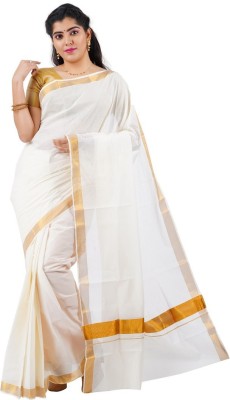 RSV FABRICS Solid/Plain Kasavu Pure Cotton Saree(White)