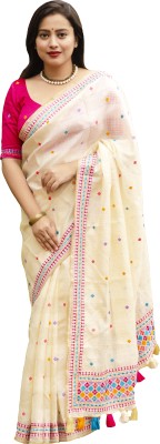 Pilriza Embroidered Kota Doria Cotton Jute Blend Saree(White)