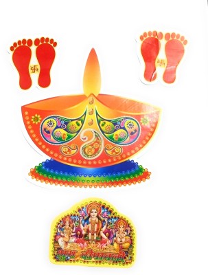 RUPALTTOYSBABA 15.24 cm Goddess Lakshmi Maa Ganesh Saraswati with Diya, Charan Satvik and Shub Labha| Puja Mini Sticker (Paper) With 2 Diwali Offer Gift Double-sided Sticker(Pack of 4)