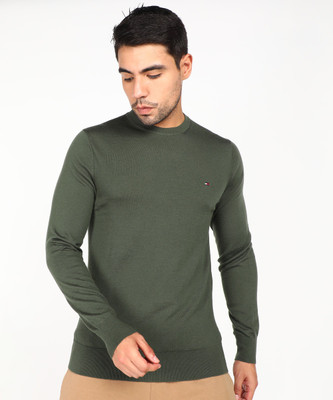 TOMMY HILFIGER Solid Round Neck Casual Men Green Sweater