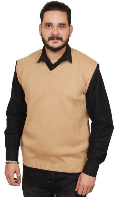 COMPANY ME Solid V Neck Casual Men Beige Sweater