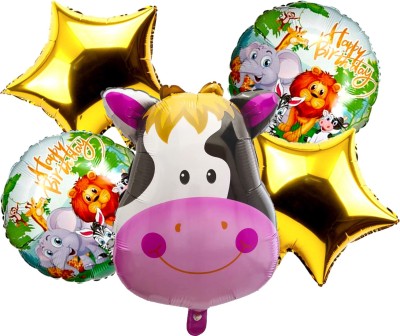 Propsicle Printed (Pack of 5) Cow Jungle Balloons Safari Birthday Balloons Theme Happy Birthday Animals Balloon Combo Set Party Decoration Balloon(Multicolor, Pack of 5)