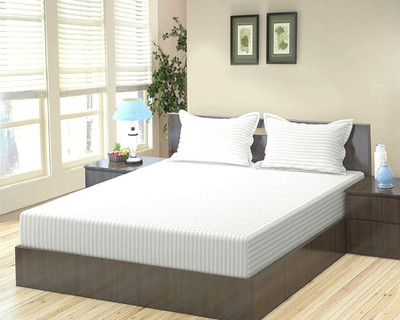 Dokarn Cotton King Flat 182 TC Striped Bedsheet(Pack of 1, White)